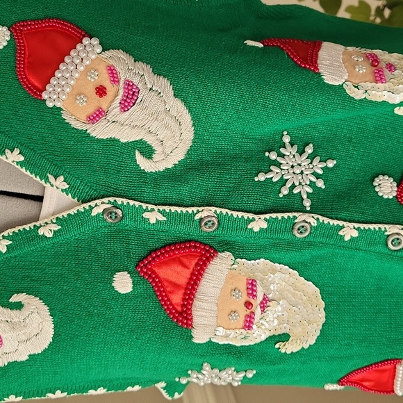 Vintage Santa Christmas Sweater Green and White Size Large Ugly - Picture 3 of 8